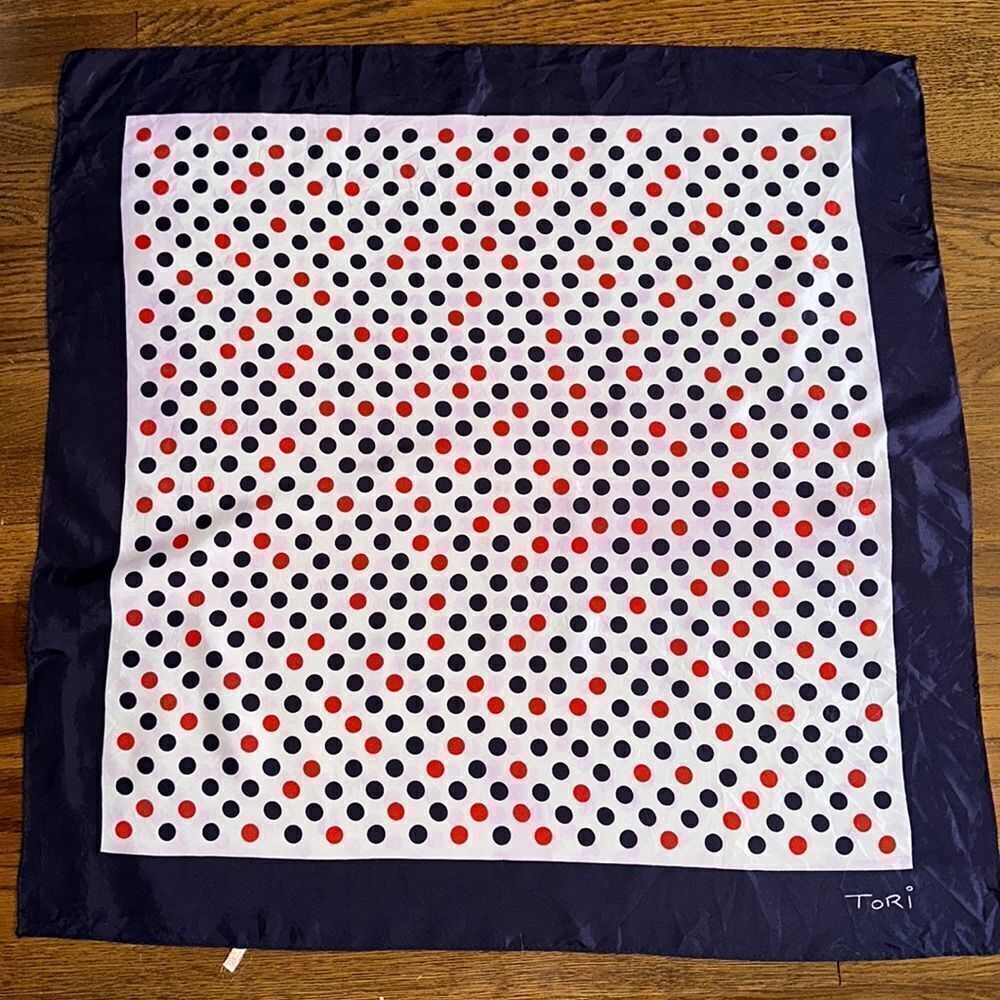 Vintage 60s/70s Tori red, white & blue polka dot‎ acetate scarf